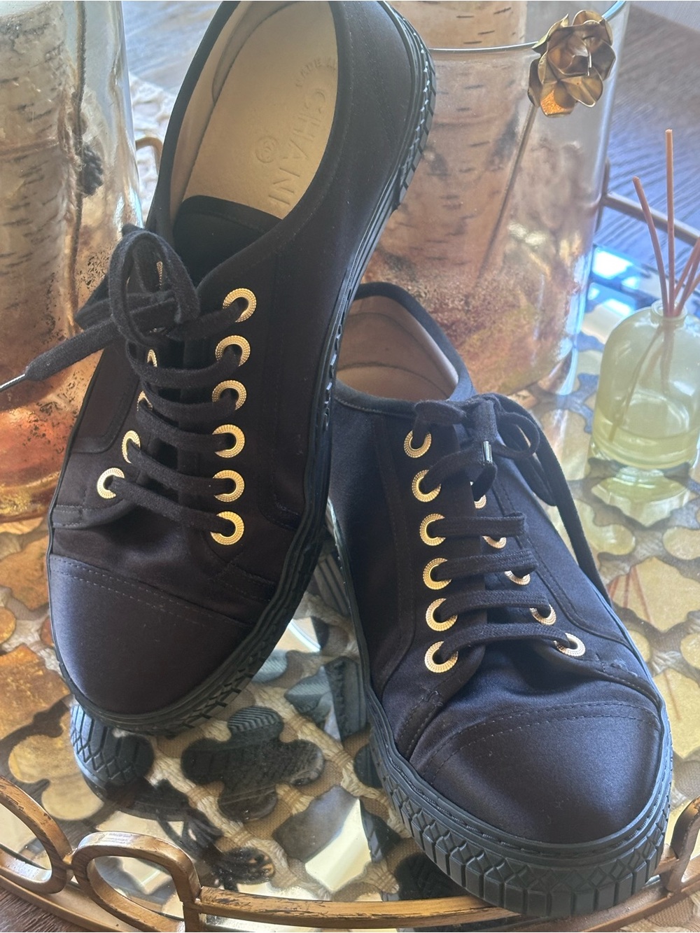 Authentic CHANEL Nylon and 14k Gold Metallic Leather (Interior) Sneakers